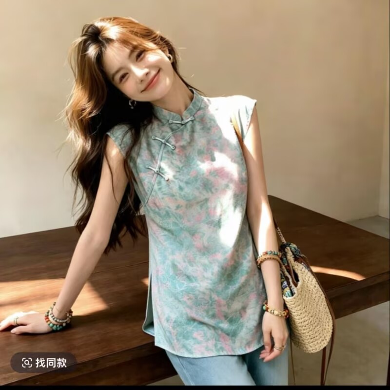 패션 강남 센스 민소매 맨위 중국풍 여성 여름 국풍 스탠드 칼라 단추 출퇴근 품격 작은 셔츠