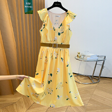 批发实拍  含腰带夏季法式A字大摆度假印花飞飞袖中长款<b class='q'>连衣裙</b>女