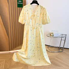 批发实拍  夏季新款茶歇法式温柔风漂亮独特气质黄色碎花<b class='q'>连衣裙</b>女