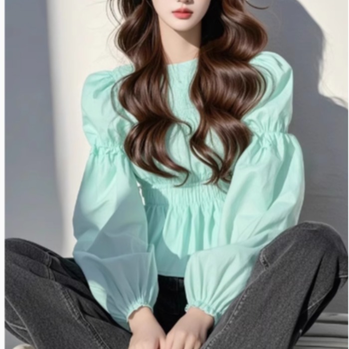 있음 2026 봄 새로운 티셔츠 작은 셔츠 디자인 센스 박하 녹색 허리 수축 셔츠 긴팔 새로운 여성