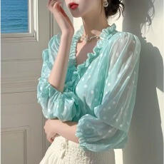 批发﹣有－2026夏季新款上衣七分袖百搭薄荷绿波点雪纺木耳边衬衫