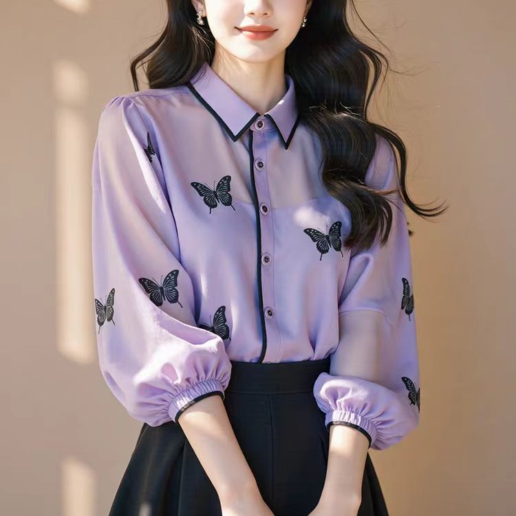 FA36987# 紫色蝴蝶印花衬衫女装新款翻领泡泡袖衬衣设计早秋上衣 服裝批發女裝批發服飾貨源