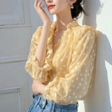 批发﹣有－2026夏季新款百搭超好看衬衫减龄气质黄色波点<b class='q'>雪纺上衣</b>