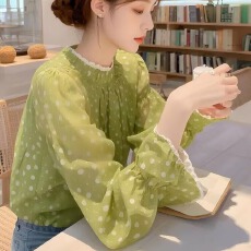 批发﹣有－2026春季新款绿色<b class='q'>波点</b><b class='q'>衬衫</b>女洋气好看小衫法式花边上衣
