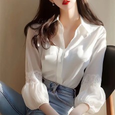 批发﹣有现货－2025秋季新款法式白色蕾丝拼接灯笼袖衬衫女上衣七分袖