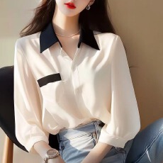 批发﹣有现货－2025秋季新款法式撞色衬衫宽松小衫<b class='q'>通勤</b>穿搭七分袖上衣