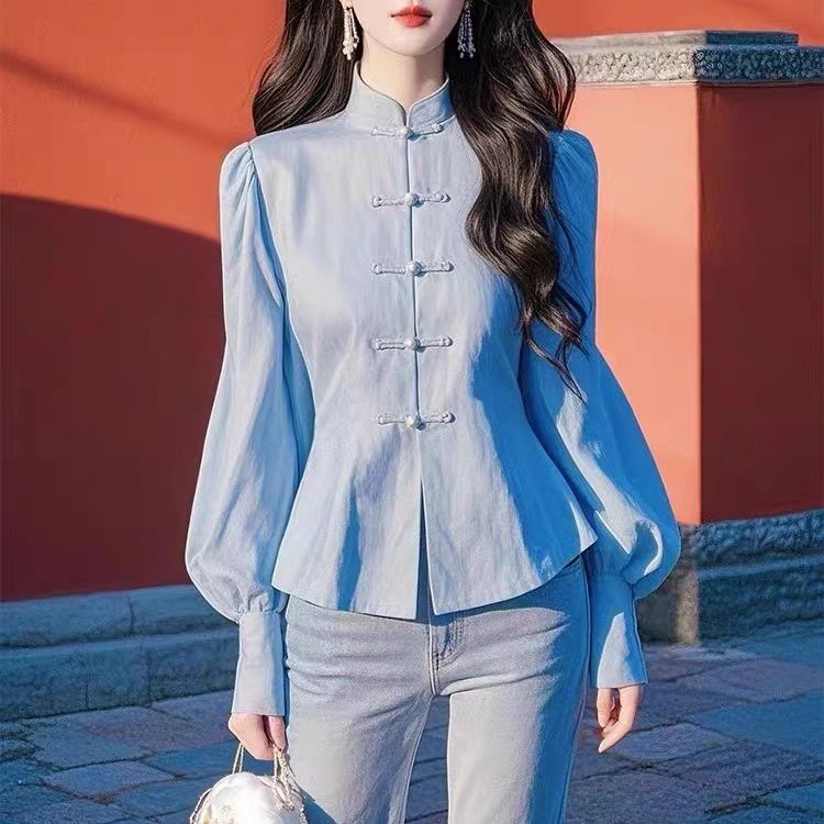 MY12856#新中式蓝色衬衫减龄洋气国风长袖修身衬衣女裝貨源服裝批發