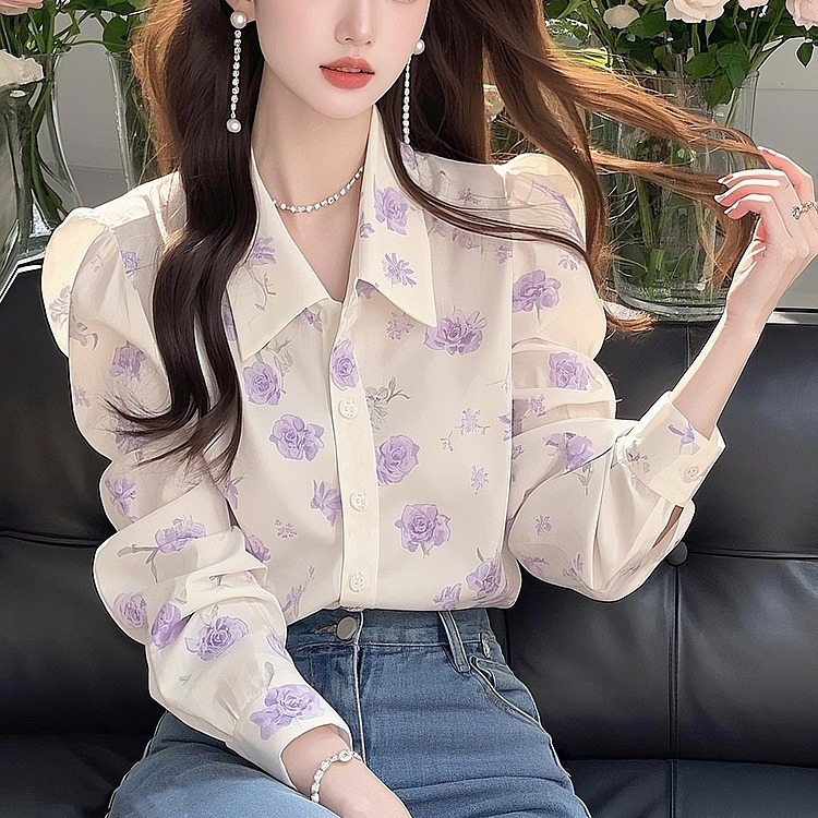 MY12855# 新款上衣女韩系长袖衬衣减龄洋气宽松印花衬衫女裝貨源服裝批發