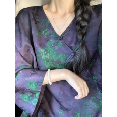 批发紫色v领提花上衣新中式国风2025秋季长袖衬衫<b class='q'>唐装</b>改良<b class='q'>汉服</b>