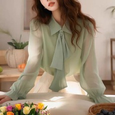 批发有货 2026春秋季新款绿色蝴蝶结长袖衬衫女装雪纺雪纺宽松上衣