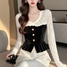 批发有备货 黑色<b class='q'>蕾丝</b>拼接丝绒<b class='q'>衬衫</b>女款2025秋冬季高级感内搭打底衫