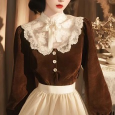 批发有备货 2025秋冬新款法式<b class='q'>蕾丝</b>拼接长袖上衣法式洋气棕色丝绒<b class='q'>衬衫</b>