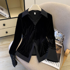 批发<b class='q'>实拍</b>有货 秋冬季黑色翻领丝绒<b class='q'>衬衫</b>女收腰假两件长袖<b class='q'>T</b><b class='q'>恤</b>女新款上衣