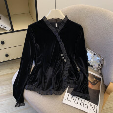 批发<b class='q'>实拍</b>有货 秋冬黑色蕾丝花边拼接丝绒<b class='q'>衬衫</b>女收腰长袖<b class='q'>T</b><b class='q'>恤</b>女新款上衣