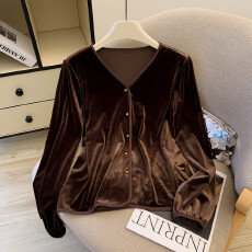 批发<b class='q'>实拍</b>有货 秋冬季法式简约咖啡色丝绒<b class='q'>衬衫</b>女宽松长袖<b class='q'>T</b><b class='q'>恤</b>女新款上衣