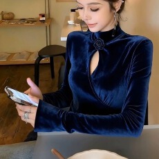 批发藏蓝色立体花朵丝绒上衣2025<b class='q'>冬</b>季气质名媛高端独特漂亮修身衬衫女