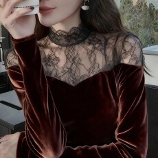 批发酒红色丝绒上衣2025<b class='q'>冬</b>季巨好看设计感法式小资蕾丝拼接收腰衬衫女
