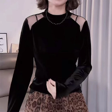 批发有货 气质立领丝绒<b class='q'>蕾丝</b>拼接长袖T恤秋新款显瘦减龄<b class='q'>打底衫</b>上衣衬衫