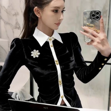 批发高端小资小上衣轻奢高级感法式气质<b class='q'>职业</b>收腰黑色拼接丝绒<b class='q'>衬衫</b>女秋
