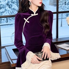 批发有货 法式小香风紫色丝绒上衣女冬新款别致绝美高级感<b class='q'>蕾丝</b>边<b class='q'>衬衫</b>