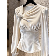 批发<b class='q'>白色</b>丝绒上衣女冬季轻奢高级感独特漂亮减龄气质掐腰法式小资衬衫