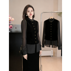 批发AI图有货 2026春秋黑色立领拼接丝绒<b class='q'>长袖</b>衬衫女秋冬新款国风上衣