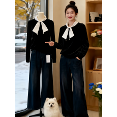 批发AI图有货 2026<b class='q'>春秋</b>新款小香风蝴蝶结绑带丝绒拼接长袖衬衫上衣女