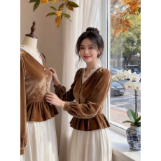 批发有货 丝绒长袖衬衫秋装2025秋<b class='q'>冬</b>新款v领收腰高级感法式洋气上衣