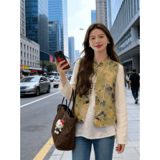 批发AI图有货 2026春秋新中式提花马甲<b class='q'>T</b><b class='q'>恤</b>女新款国风唐装上衣外搭马夹