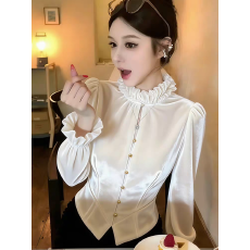 批发法式轻奢优雅风荷叶边丝绒<b class='q'>衬衫女</b>秋冬新款气质优雅百搭显瘦上衣潮