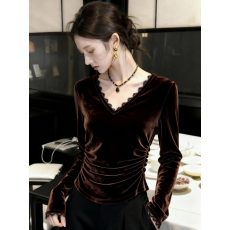 批发法式轻熟复古<b class='q'>蕾丝</b>花边丝绒<b class='q'>衬衫</b>女秋冬新款气质高级感百搭显瘦上衣