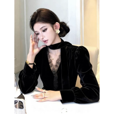 批发设计感V领飘带<b class='q'>蕾丝</b>拼接丝绒<b class='q'>衬衫</b>秋冬新款高级感轻奢通勤气质<b class='q'>衬衣</b>