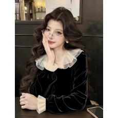 批发巨好看黑色荷叶边拼接丝绒<b class='q'>衬衫女</b>秋冬新款法式独特漂亮百搭小衬衣