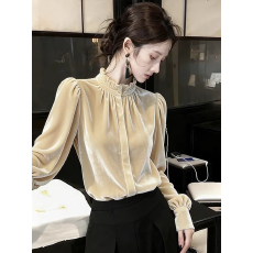 批发轻奢风酒红色v领丝绒<b class='q'>衬衫女</b>款秋冬新款高级感收腰显瘦不规则上衣