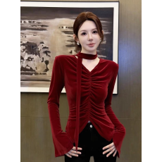 批发红色飘带丝绒<b class='q'>衬衫女</b>高级感轻奢减龄洋气绝美巨好看法式小资上衣冬