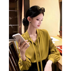 批发法式绿色衬衫女2026春季设计感独特漂亮气质高端系带衬衣长袖上衣