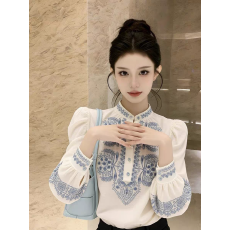 批发法式小资白色印花衬衫女2026春巨好看独特漂亮气质高端宫廷风上衣