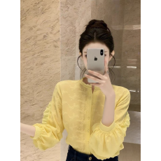 批发法式小资黄色荷叶袖衬衫女2026春季独特漂亮气质高端蕾丝刺绣上衣