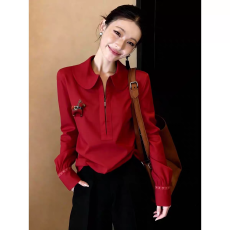 批发复古红色衬衫翻领洋气通勤百搭显白老钱风减龄女2026春季新款小众