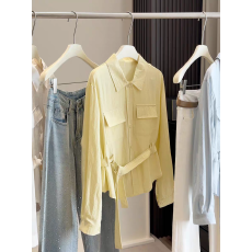 批发独特小众长袖翻领显白黄色<b class='q'>衬衫女</b>春夏韩系收腰显瘦气质上衣薄外套