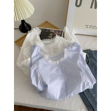 批发甜美风蕾丝拼接长袖条纹<b class='q'>衬衫女</b>春夏装韩系减龄小众宽松超好看上衣