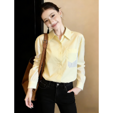 批发已量产+有货 2026春夏季条纹拼接<b class='q'>衬衫</b><b class='q'>长袖</b>轻通勤上衣早春黄色<b class='q'>衬衣</b>