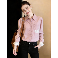 批发已量产+有货 2026春夏季条纹拼接<b class='q'>衬衫</b><b class='q'>长袖</b>轻通勤上衣早春粉色<b class='q'>衬衣</b>