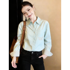 批发已量产+有货 2026春夏季条纹拼接<b class='q'>衬衫</b><b class='q'>长袖</b>轻通勤上衣早春绿色<b class='q'>衬衣</b>