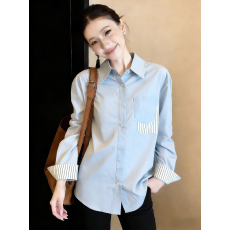 批发已量产+有货 2026春夏季条纹拼接<b class='q'>衬衫</b><b class='q'>长袖</b>轻通勤上衣早春蓝色<b class='q'>衬衣</b>