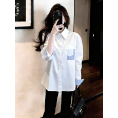 批发已量产+有货 2026春夏季条纹拼接<b class='q'>衬衫</b><b class='q'>长袖</b>轻通勤上衣早春白色<b class='q'>衬衣</b>