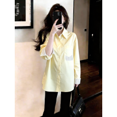 批发已量产+有货 2026春夏季条纹拼接<b class='q'>衬衫</b><b class='q'>长袖</b>轻通勤上衣早春黄色<b class='q'>衬衣</b>