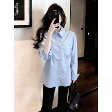 批发已量产+有货 2026春夏季条纹拼接<b class='q'>衬衫</b><b class='q'>长袖</b>轻通勤上衣早春蓝色<b class='q'>衬衣</b>