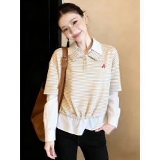 批发已量产+有货 2026春夏季条纹拼接刺绣衬衫长袖轻通勤上衣日常衬衣