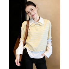 批发已量产+有货 2026春夏季条纹拼接刺绣衬衫长袖轻通勤上衣日常衬衣